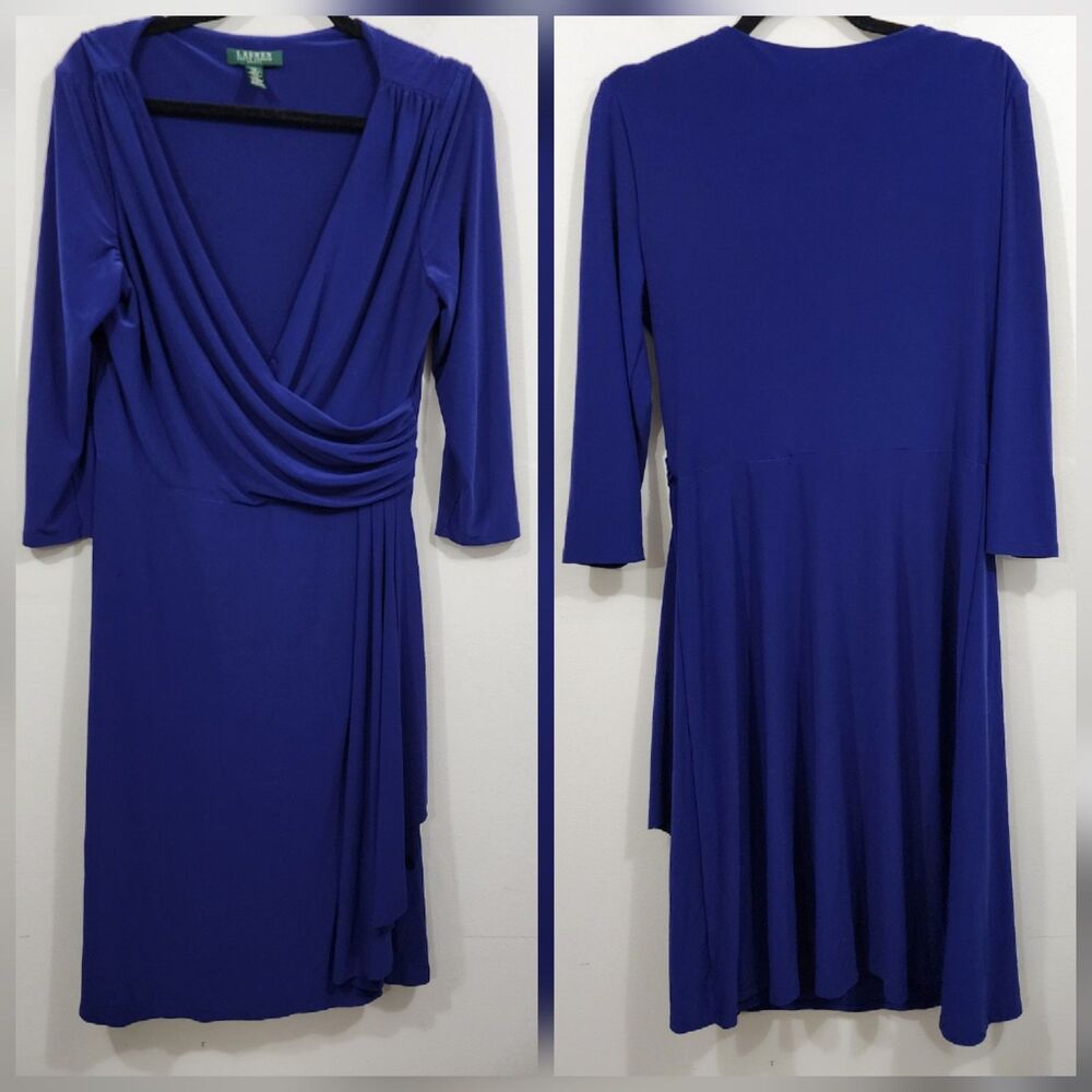 Lauren Ralph Lauren Women's Blue Surplice Ruched 3/4 Sleeve Midi Dress Size 8